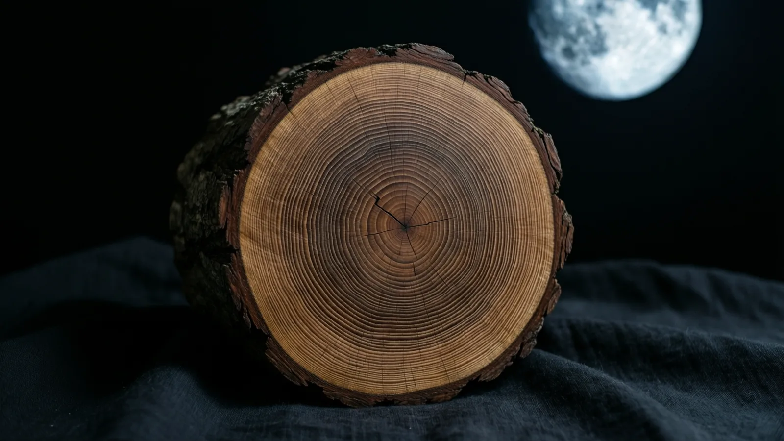 El extremo cortado de un tronco muestra anillos de crecimiento finos y una grieta al centro, con la corteza oscura a la izquierda, sobre una tela oscura arrugada. Al fondo negro, arriba a la derecha, se ve una luna llena pálida.