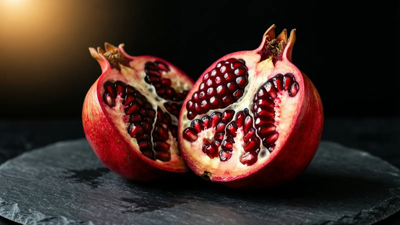 Una granada abierta en dos mitades muestra semillas rojas brillantes entre membranas pálidas y la cáscara roja en los bordes. Las mitades descansan sobre una superficie de pizarra oscura, con un resplandor cálido arriba a la izquierda sobre fondo negro.