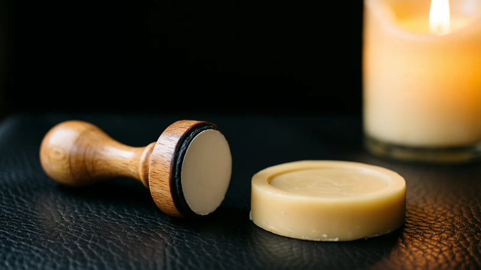 Un sello con mango de madera y cara plana color crema está recostado sobre cuero negro, junto a un disco redondo de cera color crema. A la derecha brilla una vela encendida que da luz cálida sobre el cuero y la cera.