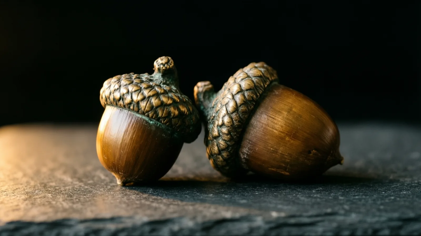 Dos bellotas marrones y brillantes, con capuchones texturizados de aspecto envejecido, descansan una junto a la otra sobre una superficie de piedra oscura. La luz cálida cae sobre el primer plano izquierdo y el fondo es negro.