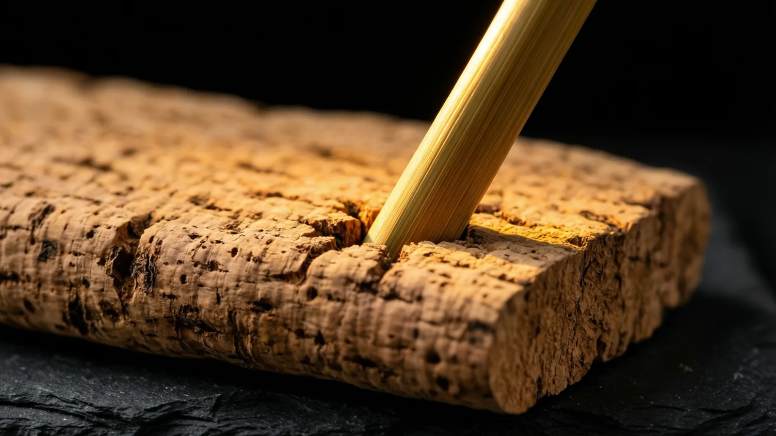 A thick slab of rough, pitted cork lying on dark slate, with a slim pale wooden rod pushed into it at a slant. Warm light falls on the rod and the cork's top edge, against a black background.