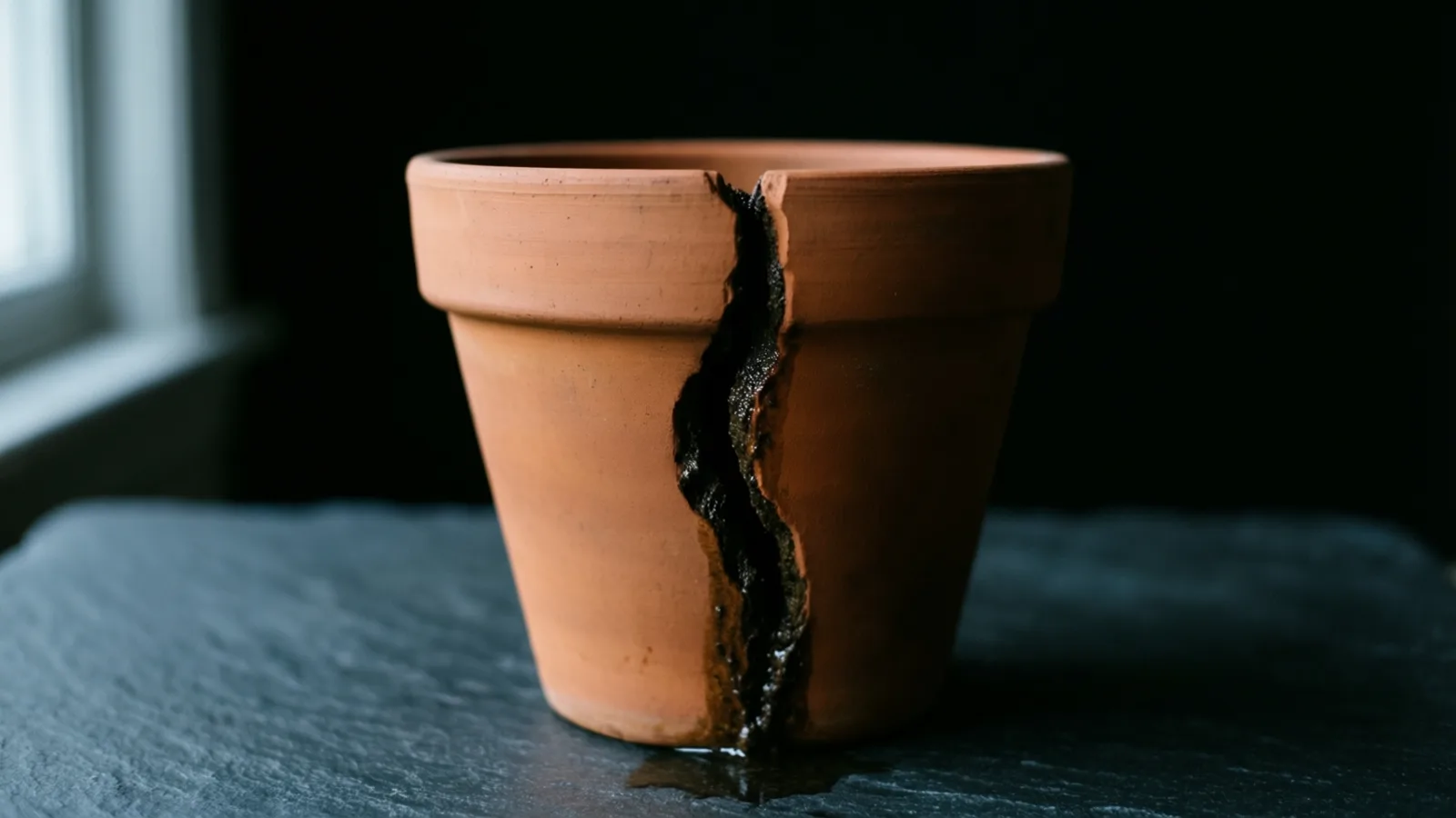 A terracotta flowerpot with a jagged vertical crack running down its side, dark material showing inside the split and a small dark wet patch on the grey slate beneath. Soft window light enters from the left; the background is black.