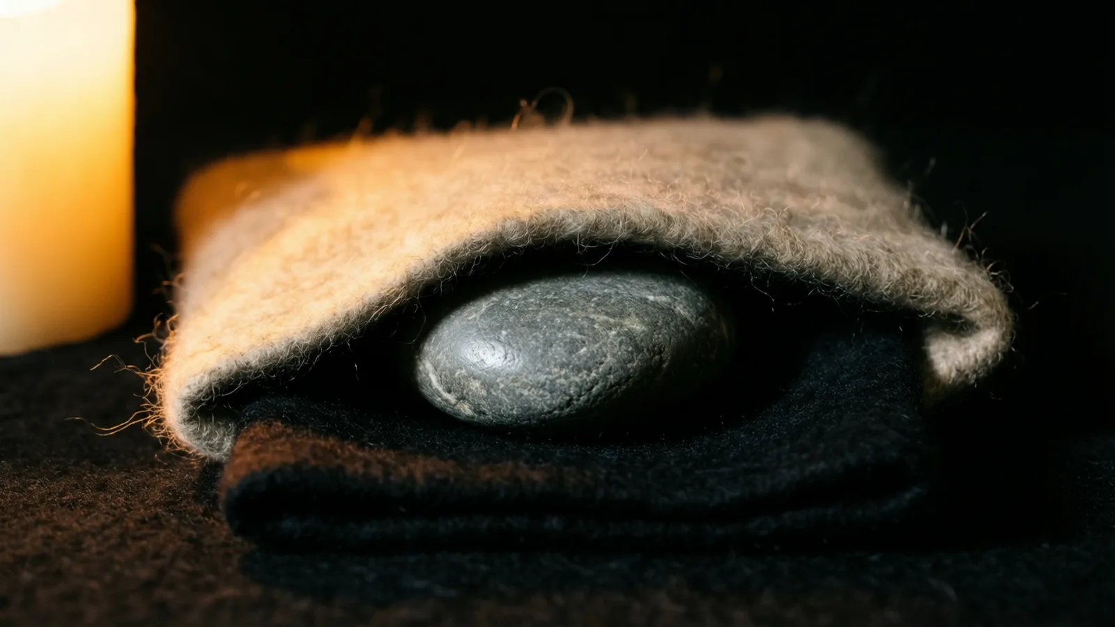 A smooth dark grey stone tucked under the fold of a fuzzy beige wool cloth, which lies on a black fabric surface. A lit candle glows at the left edge, warming the wool, with a black background.