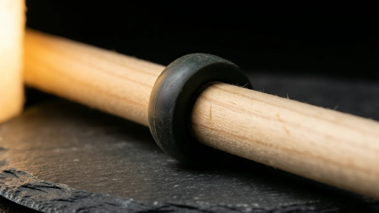 A close view of a light wooden rod passing through a dark rubber ring, lying on a dark slate surface. Warm light falls on the wood from the left, where a cream block is partly visible, against a black background.