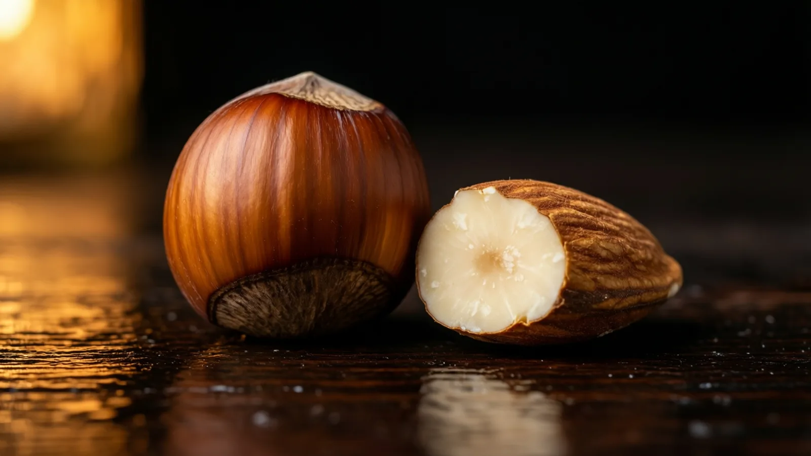 Una avellana con su cáscara marrón y lisa descansa junto a un fruto seco cortado que muestra un centro color crema pálido. Ambos están sobre una superficie oscura y brillante con vetas finas y pequeñas gotas, iluminados por un resplandor cálido y borroso en la parte superior izquierda.