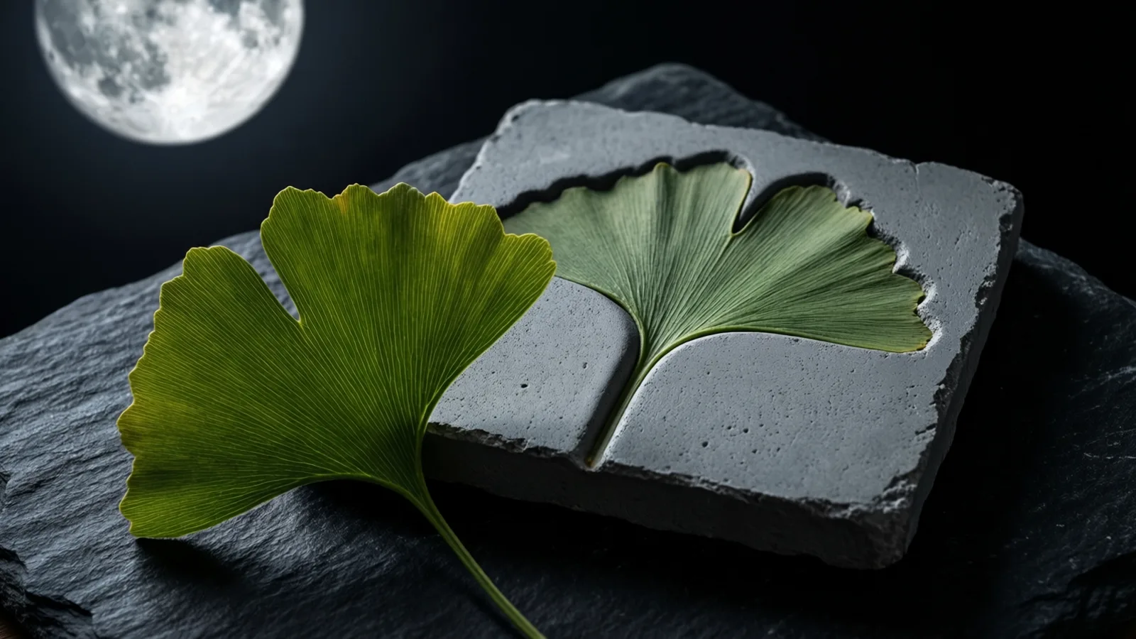 Una hoja verde de ginkgo con un tallo largo reposa sobre pizarra oscura, junto a una losa gris con poros que contiene una segunda hoja de ginkgo incrustada. La luz cae sobre la hoja y la losa; una luna llena brillante cuelga en la parte superior izquierda, sobre un fondo oscuro.