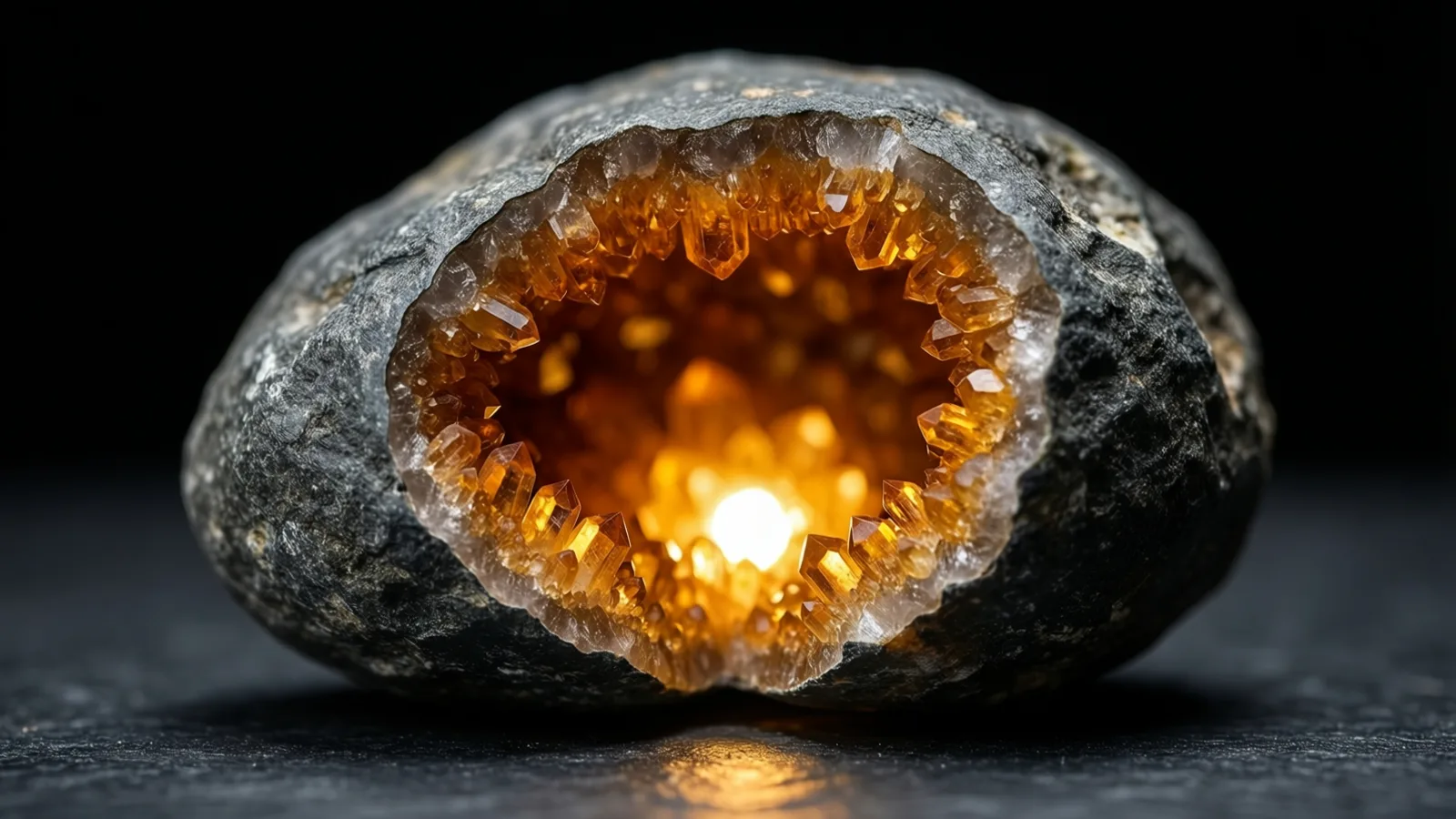 Una piedra gris y rugosa partida por la mitad que deja ver una cavidad cubierta de cristales ámbar, con un brillo cálido e intenso en el centro. Descansa sobre una superficie oscura y mate que refleja un poco de luz cálida, frente a un fondo negro.