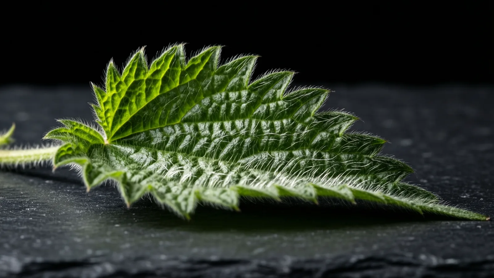 Una hoja verde de borde dentado, con finos pelos claros y un tallo corto, reposa sobre pizarra gris oscuro. La luz resalta las nervaduras y los pelos, y el fondo es negro.