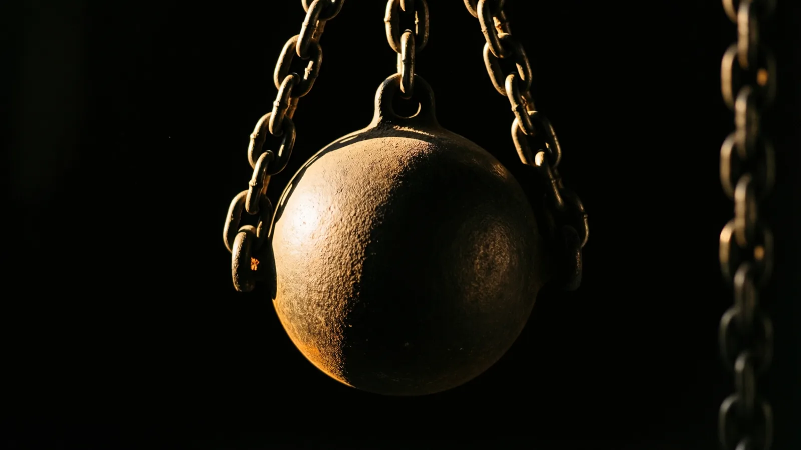 A heavy iron counterweight hangs still from a chain against black, one warm-lit rim of light tracing its rounded flank.