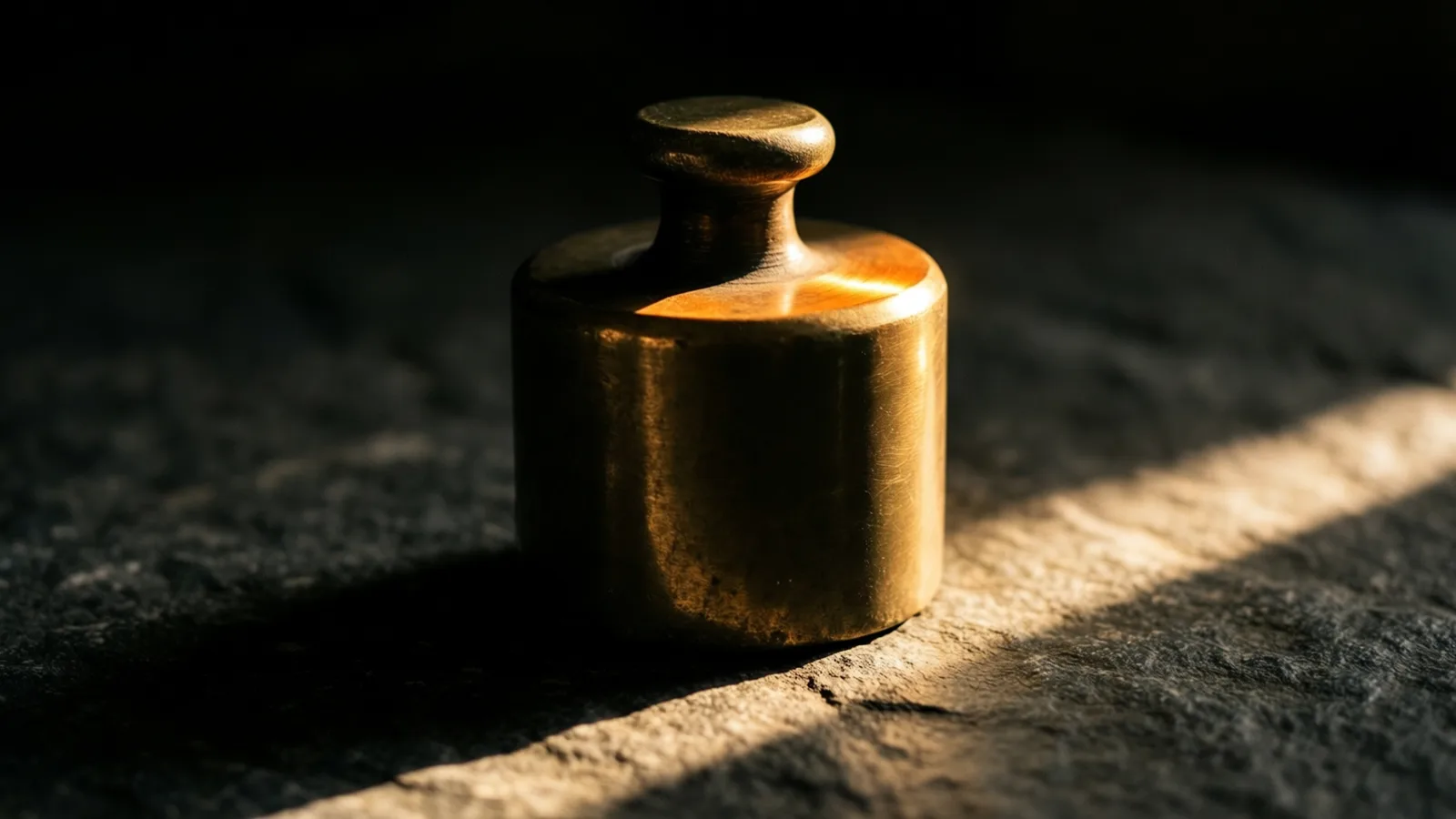 Una sola pesa grande de latón reposa aislada sobre piedra oscura, con un destello de luz cálida en el borde y una sombra densa acumulada a su alrededor.