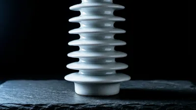 A glossy white porcelain column of stacked flared discs, each a little wider than the one above it, stands on a dark slate slab against black, cold blue-white light from the left tracing a bright highlight along every rim.