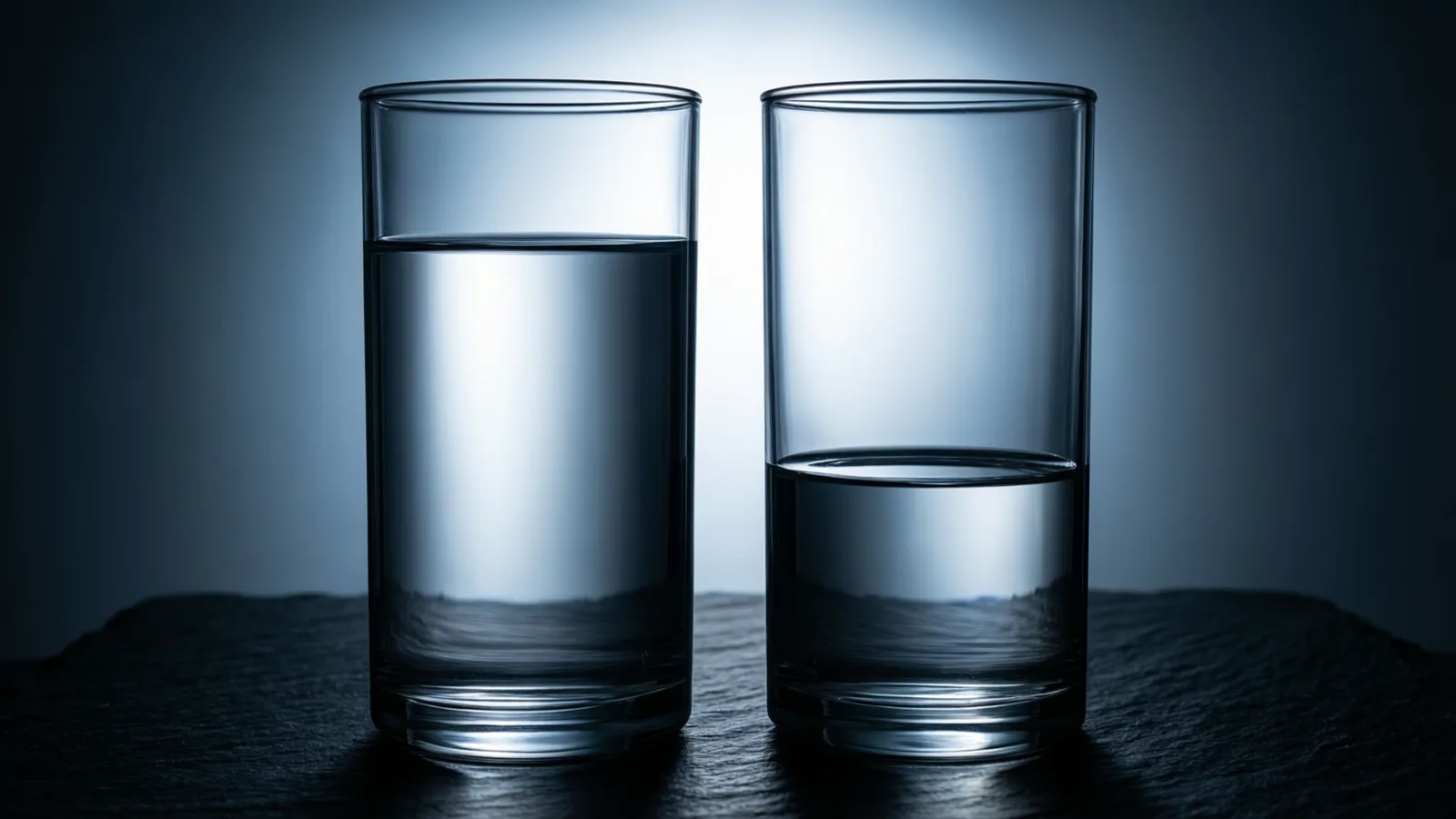 Dos cilindros de vidrio de la misma altura, uno junto al otro sobre pizarra oscura, el de la izquierda casi lleno y el de la derecha lleno hasta un tercio, con luz fría detrás que perfila ambas líneas de agua.