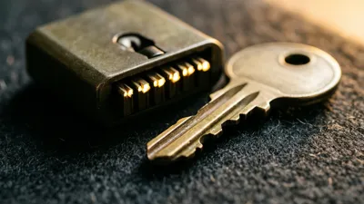 A worn brass key with a round bow lies on dark felt beside an opened lock body, a row of bright pins exposed along its edge, warm light from the right.