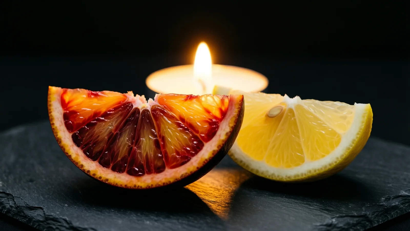 Un gajo de naranja de pulpa roja y un gajo de limón amarillo están uno junto al otro sobre pizarra oscura. Detrás hay una vela encendida cuya llama queda en el centro, con un fondo negro.