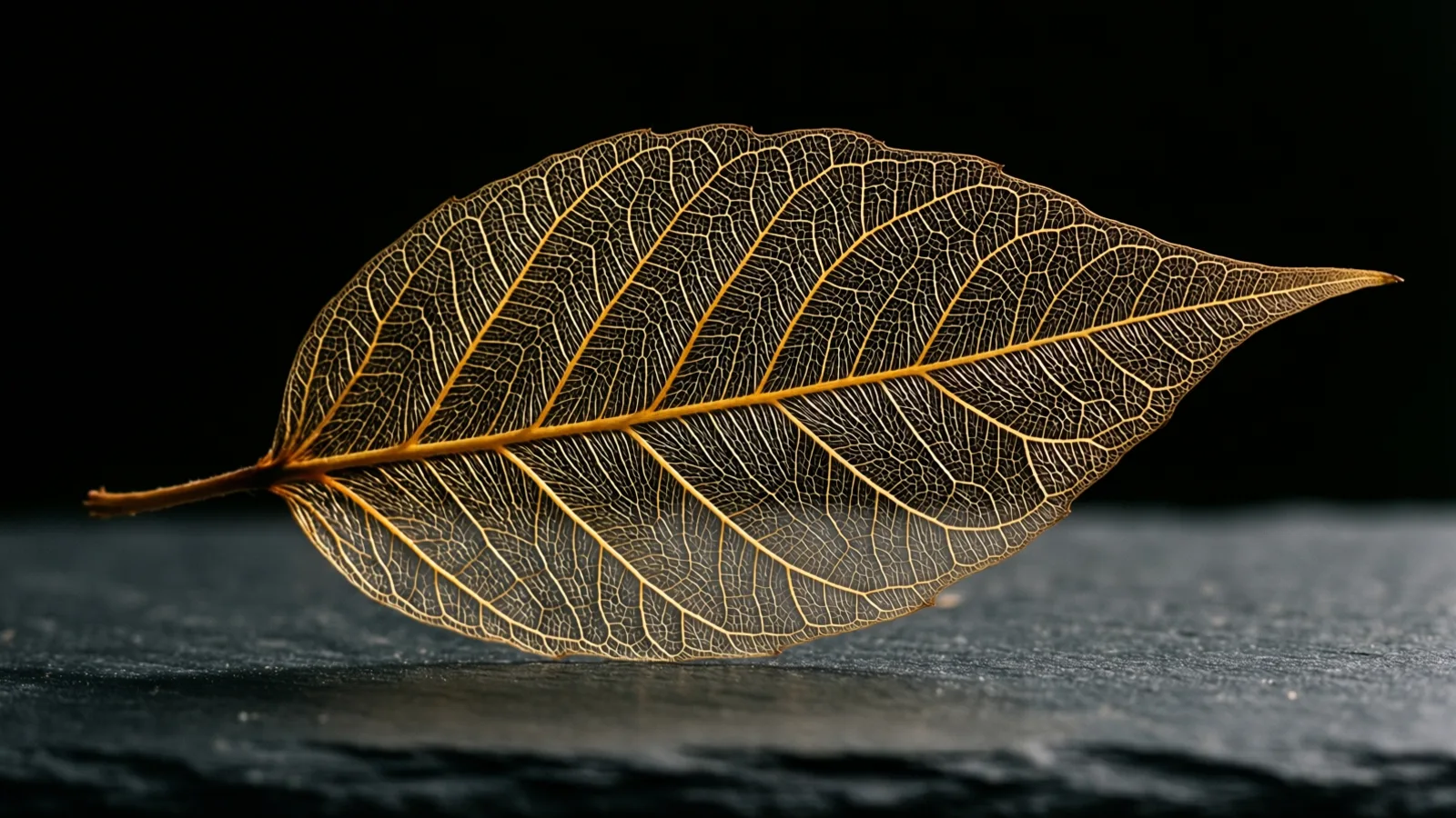 Una sola hoja reducida a una fina red dorada de nervaduras, con una vena central y un tallo corto, se apoya sobre una superficie de piedra gris oscura. La luz la atraviesa y el fondo es negro.