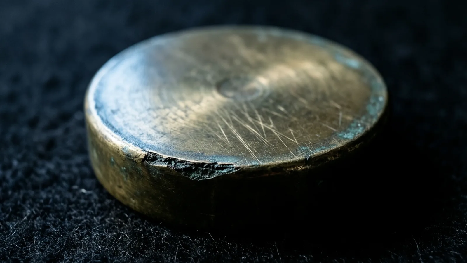 A single brass weight with a chipped rim and dulled surface sits alone on dark felt under a thin band of cold light.