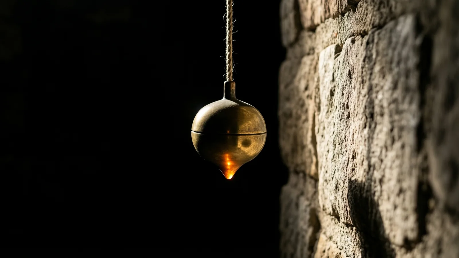 A brass plumb bob hangs beside a rough stone wall with a single warm glint on its polished tip and the rest in shadow.
