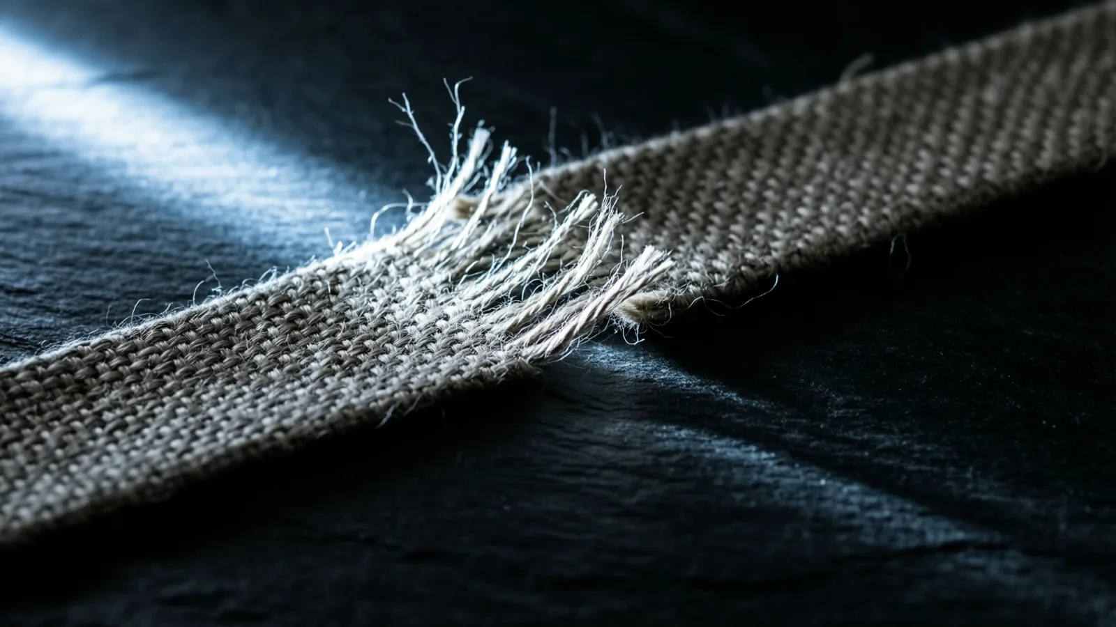 Several strands of light brown fiber fray from a woven strip resting diagonally on a dark, textured surface, light highlighting the frayed edge and casting shadows.