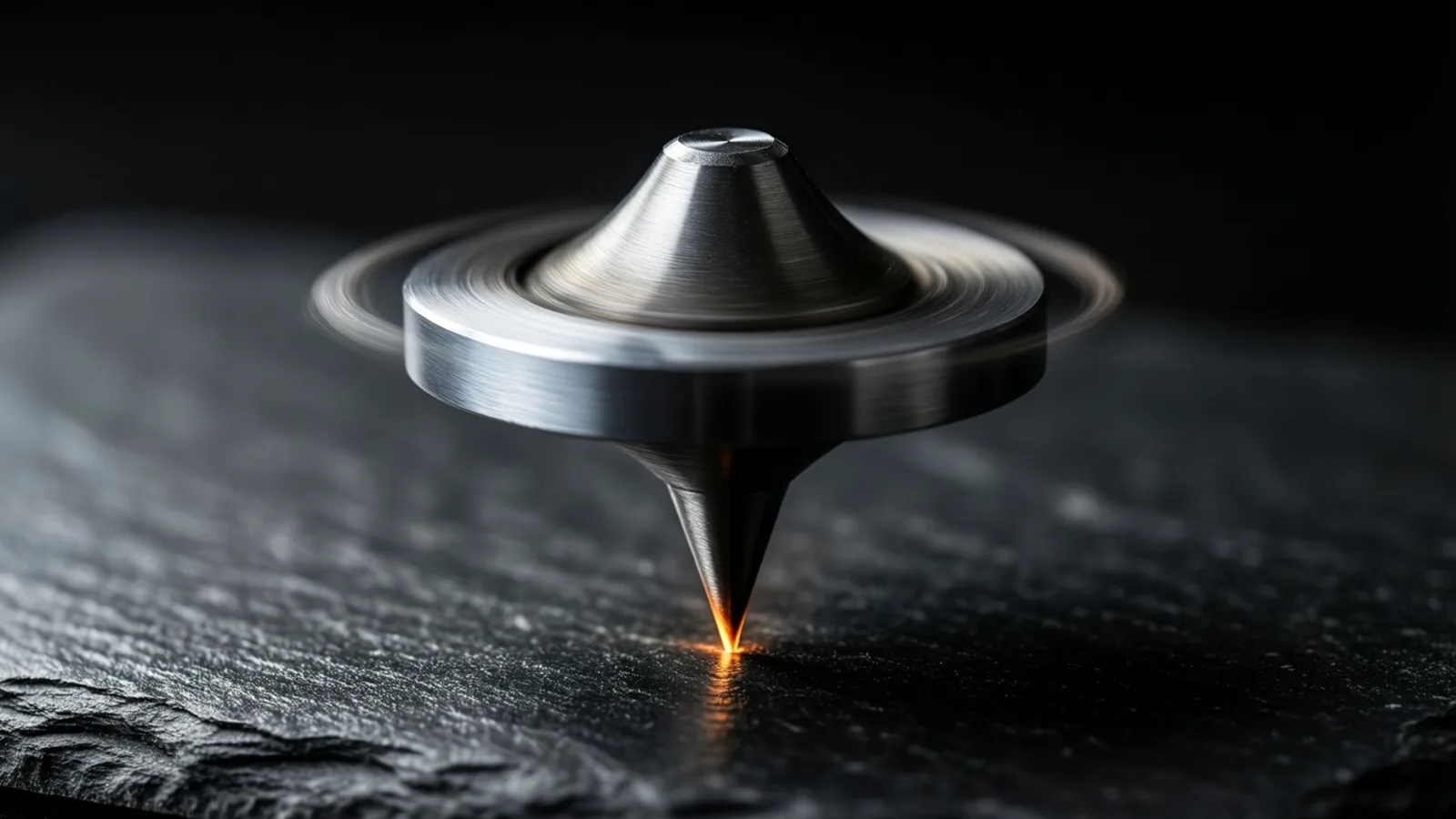 A small steel top spinning on its point on a dark stone surface, its edge blurred by the motion.