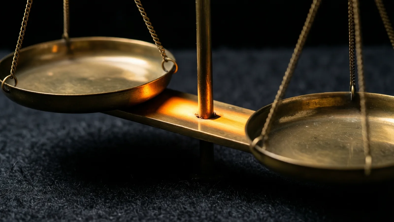 A brass balance scale rests with its beam fixed at a slight, permanent-looking tilt, one pan riding higher than the other on dark felt.
