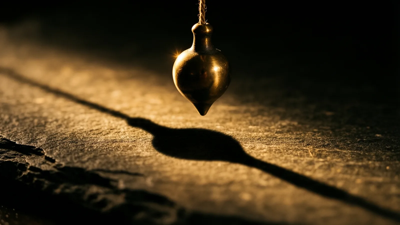 A metal pendulum with a bulbous body and pointed tip hangs from a twisted cord above a rough surface, warm light on its curve and a long shadow beneath.
