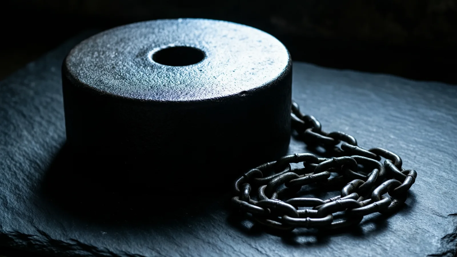 A cast-iron counterweight rests on dark slate with its chain pooled loosely beside it, one cold-lit edge on its rounded top.