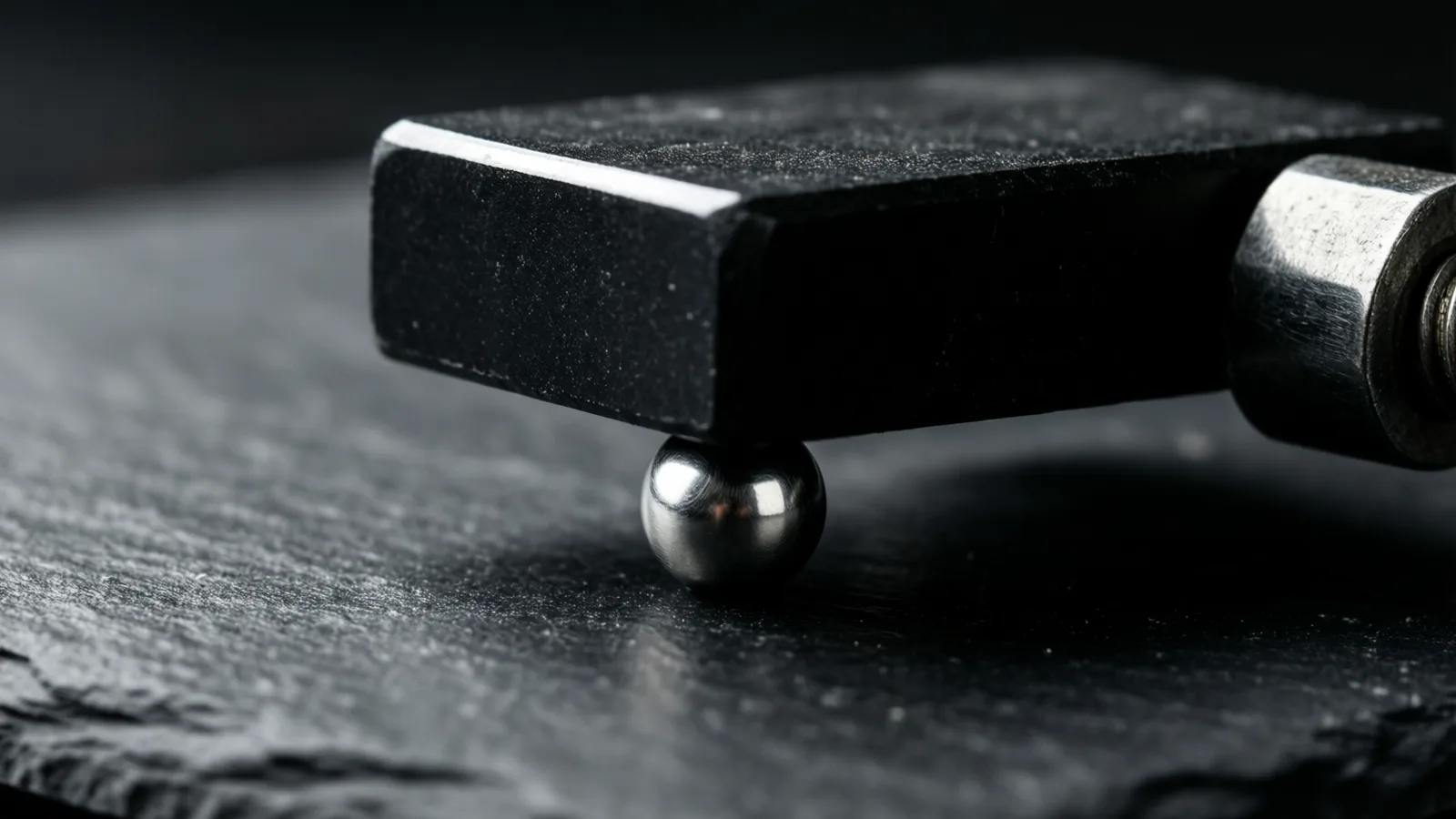 A dark rectangular block rests on a bright metal sphere on a rough black surface, a hexagonal bolt at one end, light reflecting off the sphere.