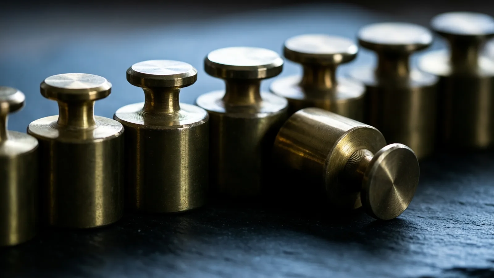 A row of brass-coloured weights, each with a round knob on top, stands on a dark textured surface, one lying on its side in front, light catching their tops and sides.
