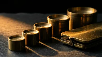 A complete set of brass weights stands lined up beside a folded balance scale on dark slate, one warm band of light crossing both.