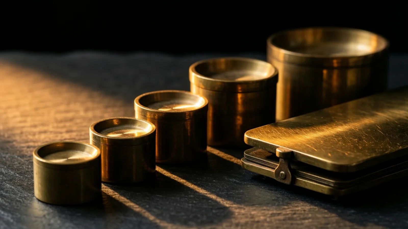 A complete set of brass weights stands lined up beside a folded balance scale on dark slate, one warm band of light crossing both.