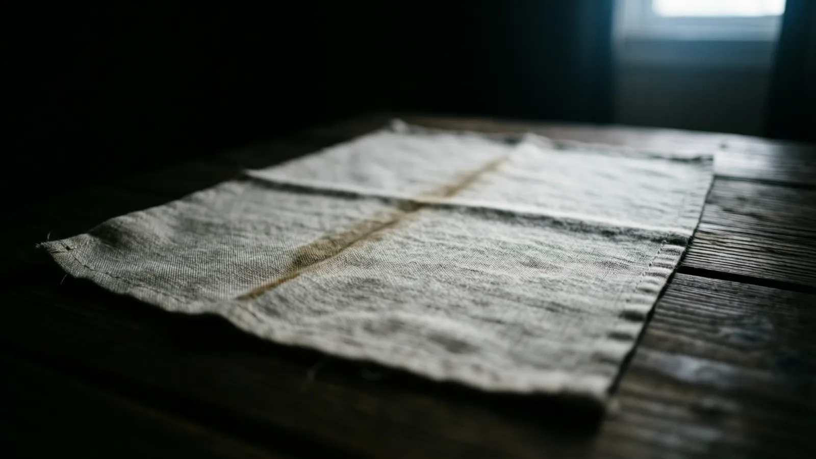 Un trozo de lino grueso doblado, con una tenue mancha café a lo largo de un pliegue, sobre una mesa de madera oscura. La luz fría de una ventana en la parte superior derecha roza la tela; el cuarto está oscuro.