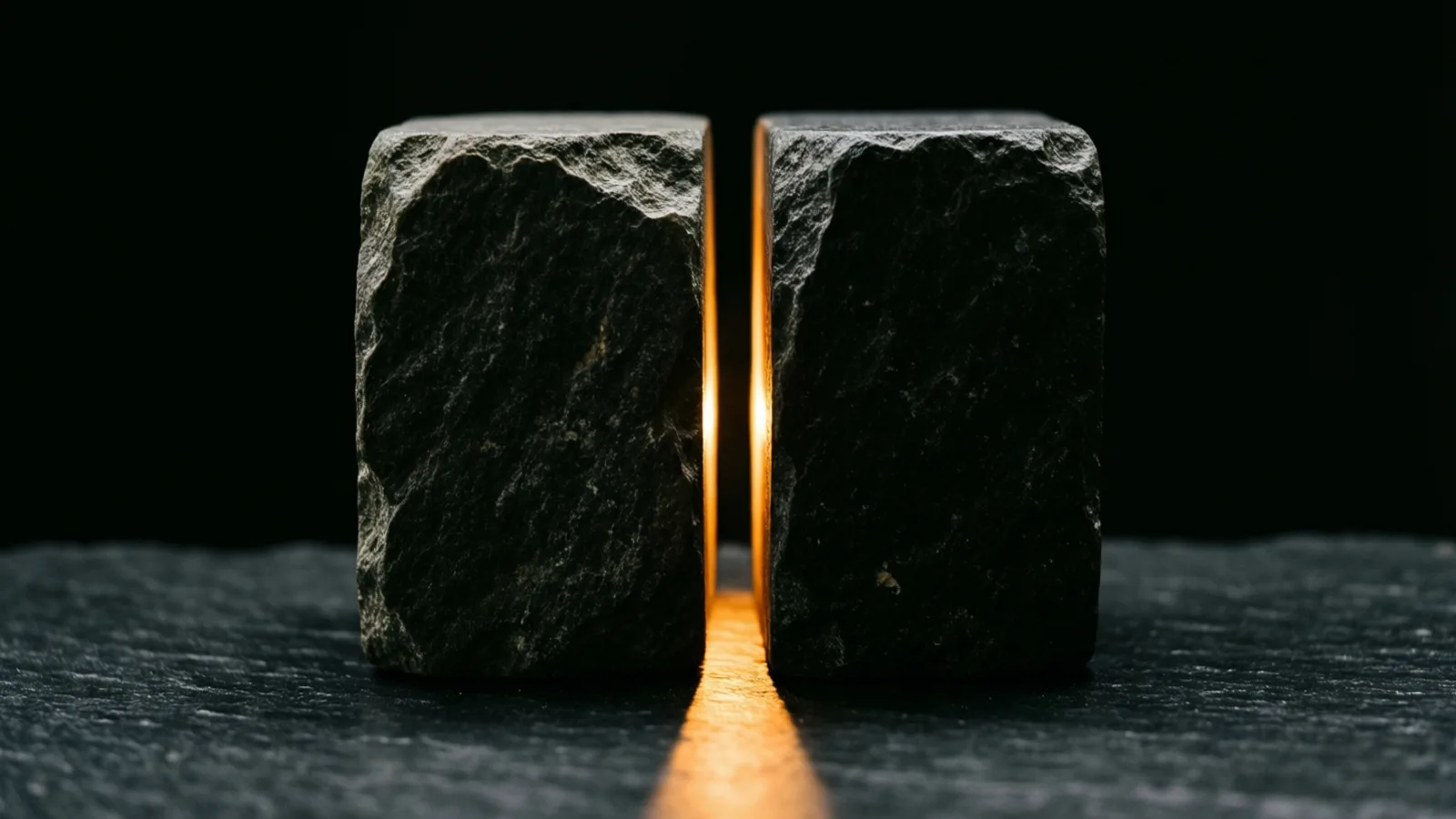Dos bloques de piedra oscura de superficie rugosa, uno junto al otro con un estrecho espacio entre ellos, sobre una superficie de pizarra oscura. Una luz anaranjada atraviesa la abertura y se extiende por el suelo; el fondo es negro.