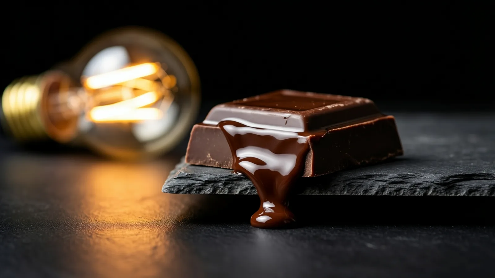 Un trozo cuadrado de chocolate oscuro con chocolate derretido y brillante que escurre por el frente y gotea del borde de una placa de pizarra. A la izquierda, una bombilla de filamento encendida y desenfocada, sobre un fondo negro.