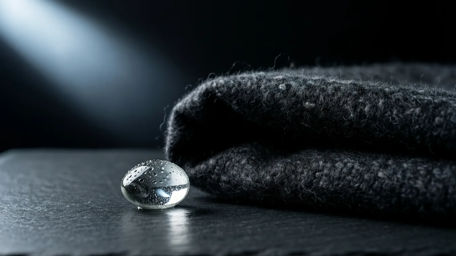 Una pequeña cuenta de vidrio transparente cubierta de diminutas gotas de agua está sobre una superficie de pizarra oscura, junto a una tela de lana gris carbón doblada. Una luz azulada y pálida cae desde arriba a la izquierda sobre un fondo oscuro.