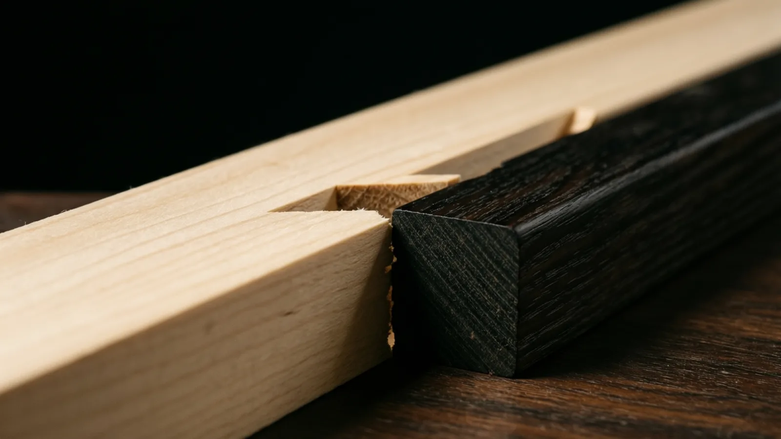 A long pale wooden beam and a dark wooden beam meet end to end, the light one cut with a notch beside the dark one. They lie on a dark brown wooden surface against a black background.