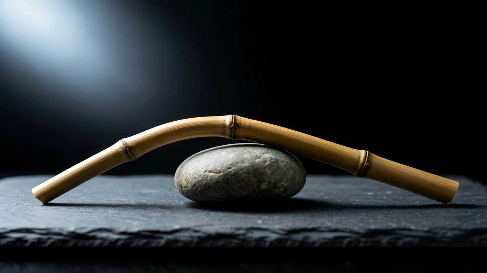 A bamboo stalk with a few joints bends in an arch over a smooth grey stone, its ends touching a dark slate slab. A soft pale light glows in the upper left of the black background.
