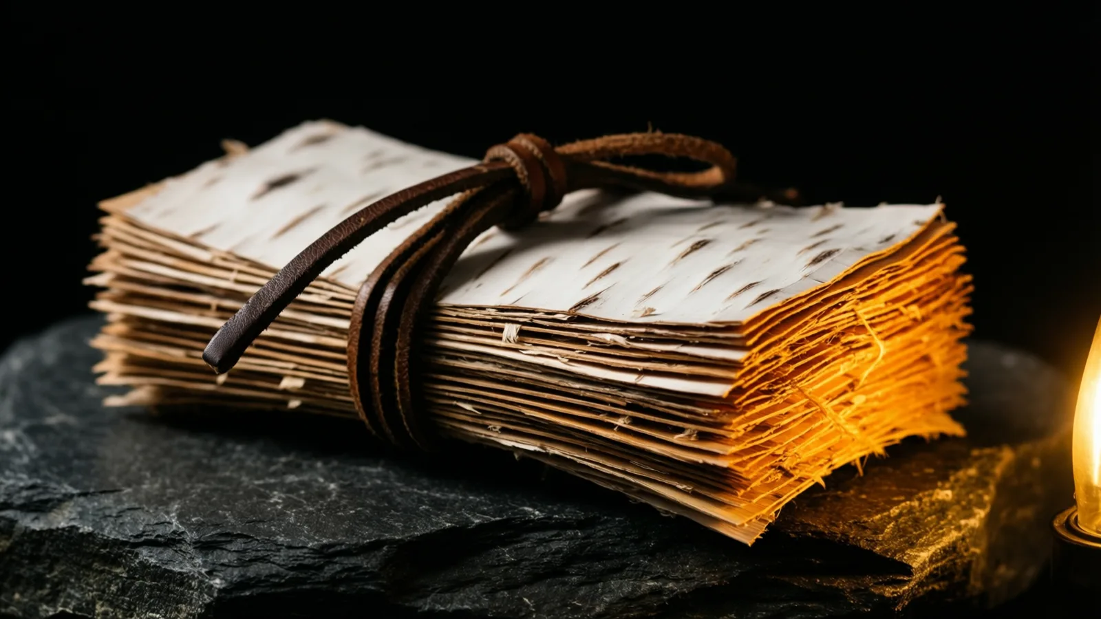 A stack of thin birch bark sheets tied with a brown leather cord in a loose knot, resting on rough dark stone. Warm orange light falls on the right edge from a glowing lamp at the frame edge, against black.