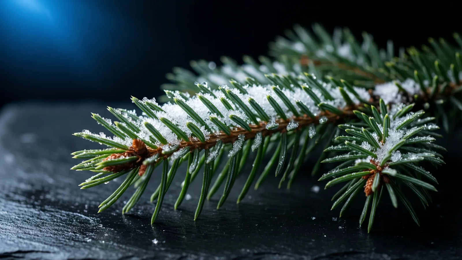 A spruce branch with short green sprigs dusted with frost and snow crystals, lying on wet dark slate. A blue glow lights the upper left corner of the black background.