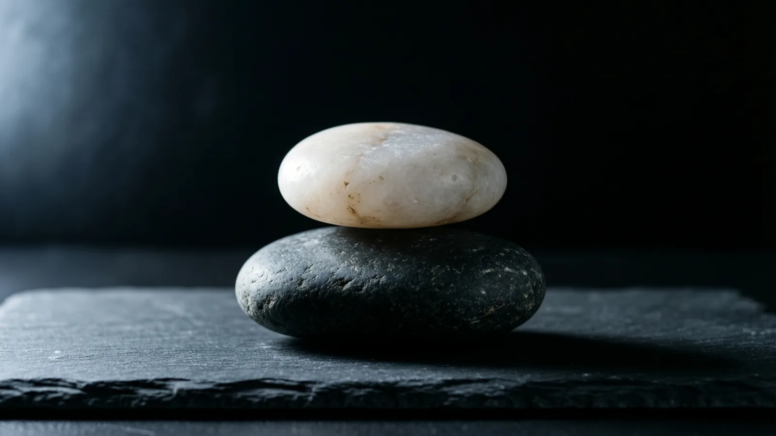 A smooth, pale cream stone rests on top of a larger dark, speckled stone, both on a flat slate slab. Light falls from the left onto the stones, and the background is black.