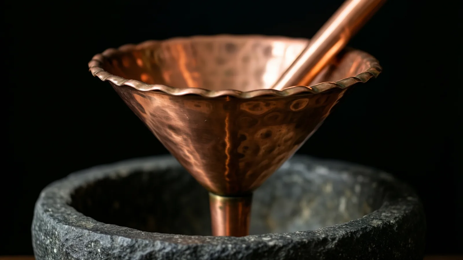 Un embudo de cobre martillado con borde ondulado está dentro de un cuenco de piedra gris rugosa, con una varilla de cobre apoyada en su interior. La luz resalta el metal pulido sobre un fondo negro.