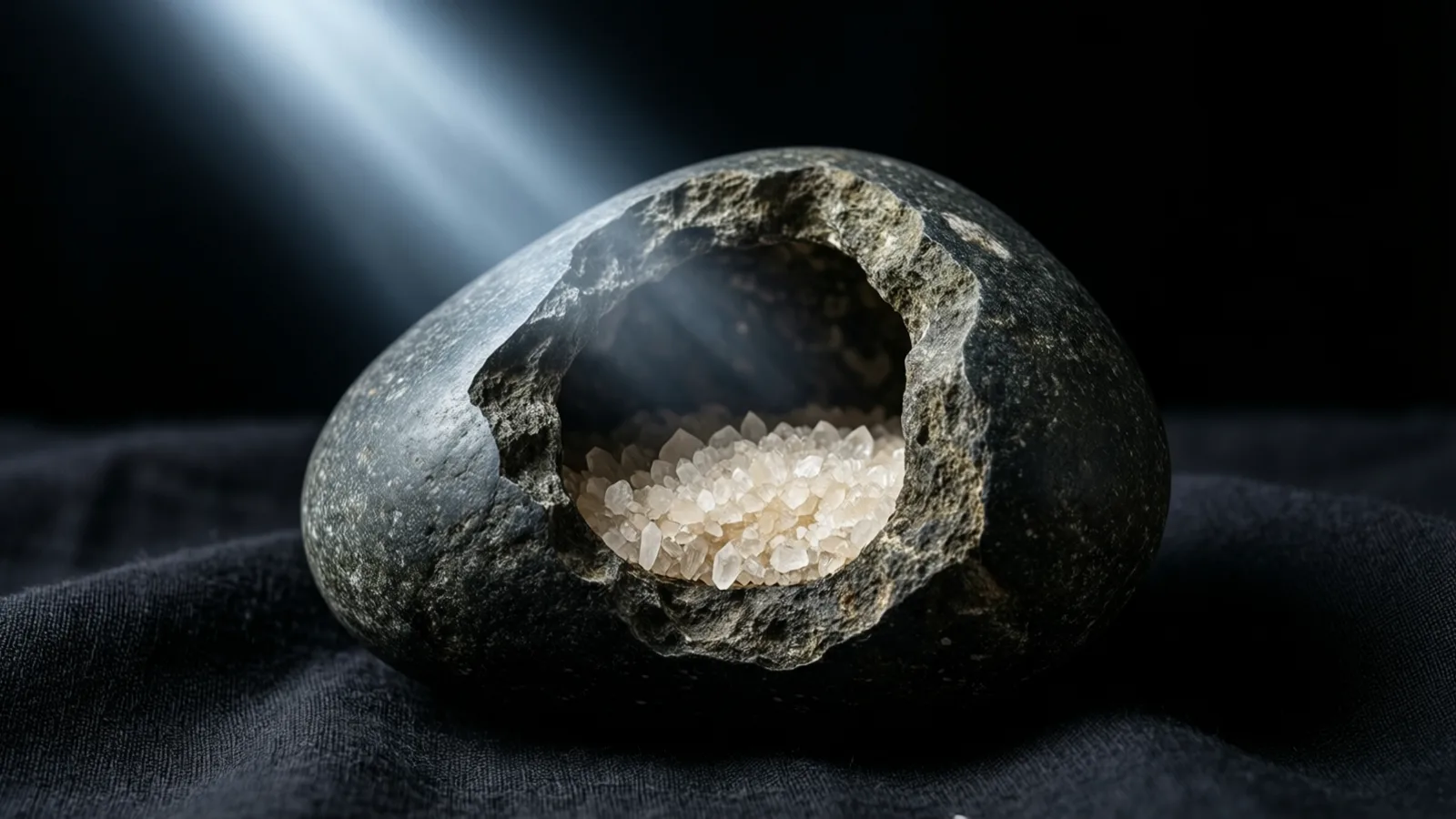 Una piedra oscura y redondeada con una abertura rota deja ver un grupo de cristales claros en su interior. Descansa sobre una tela oscura con pliegues, y un haz suave de luz fría cae desde la esquina superior izquierda.
