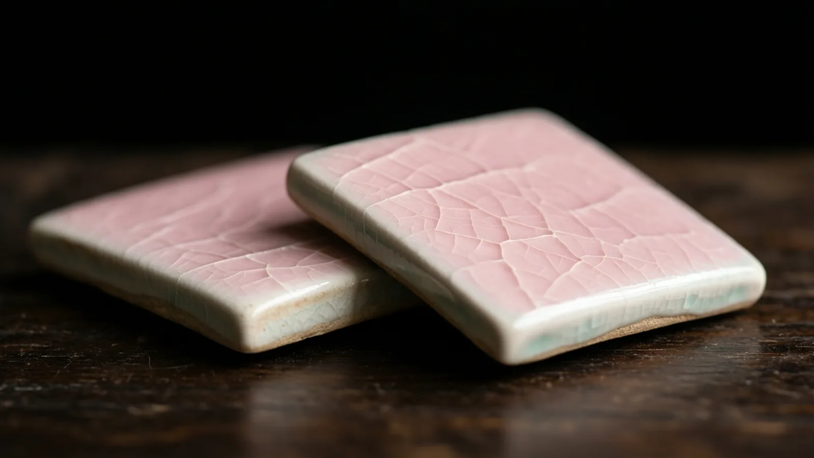 Dos baldosas cerámicas cuadradas con esmalte rosa agrietado y bordes blanco verdoso están superpuestas sobre una superficie de madera oscura y pulida. Una luz suave cae sobre su parte superior, y el fondo es negro.
