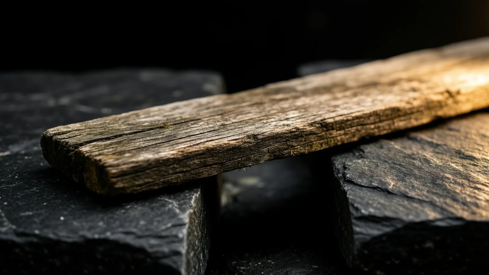Una tabla de madera desgastada con vetas agrietadas está colocada sobre bloques de pizarra oscura y rugosa. Una luz cálida cae sobre el extremo derecho de la tabla, y el fondo es negro.