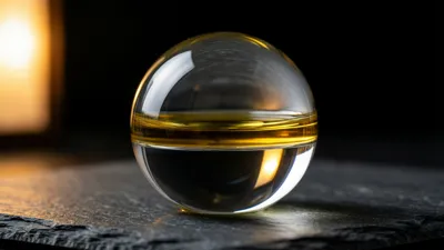 A clear glass sphere with a band of golden oil across its middle rests on a dark slate surface. A warm blurred glow of light comes from the left, and the background is black.