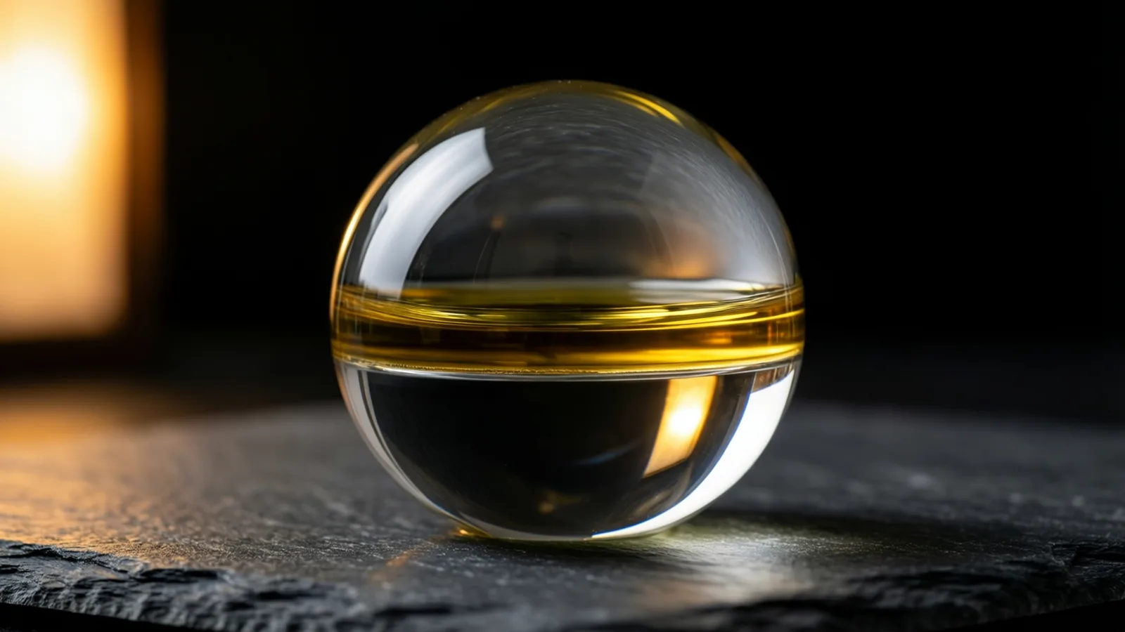 Una esfera de vidrio transparente con una franja de aceite dorado en el centro descansa sobre una superficie de pizarra oscura. Un resplandor cálido y difuso entra por la izquierda, y el fondo es negro.