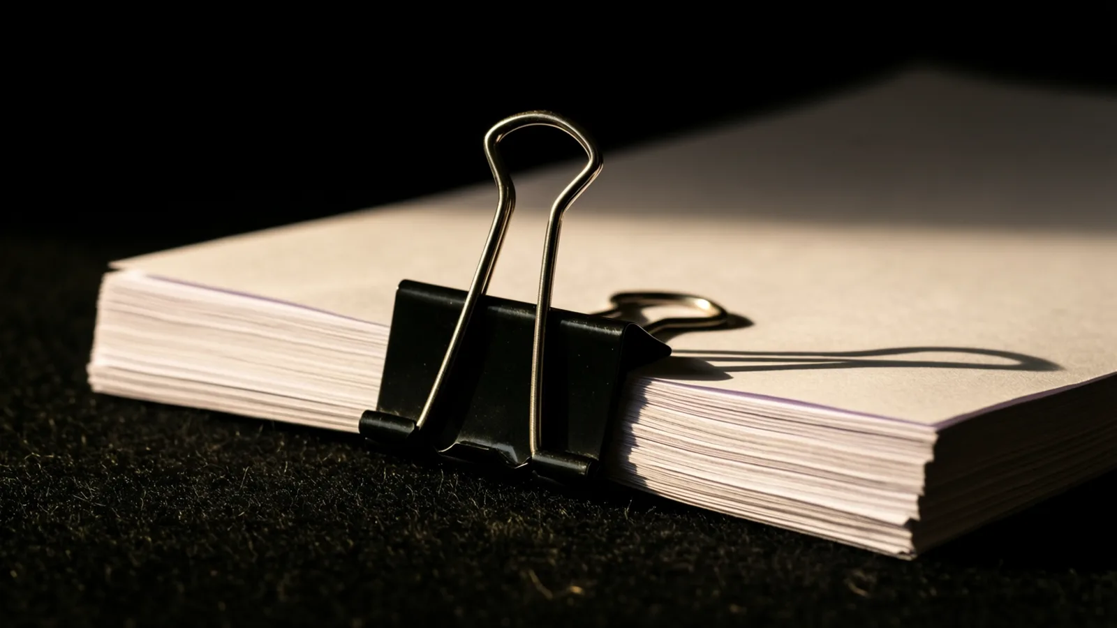 Several sheets of off-white paper are clipped together by a black plastic and metallic clip, resting on a dark textured surface, light falling from the upper right, casting a shadow.