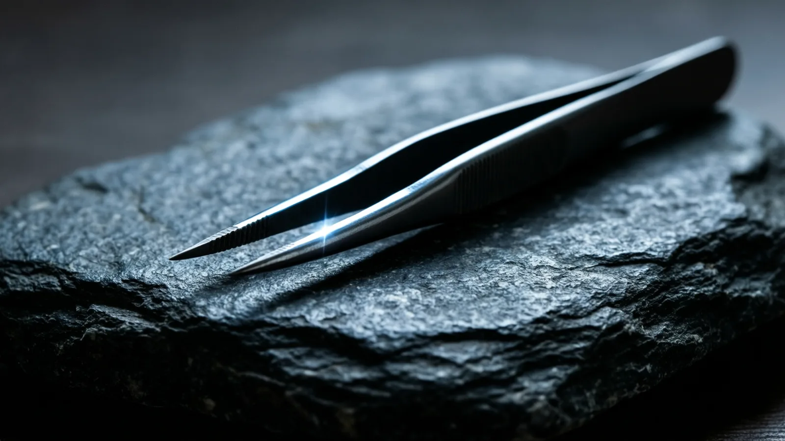 A pair of fine steel tweezers with needle-thin points rests on rough dark stone under a cold blade of light.