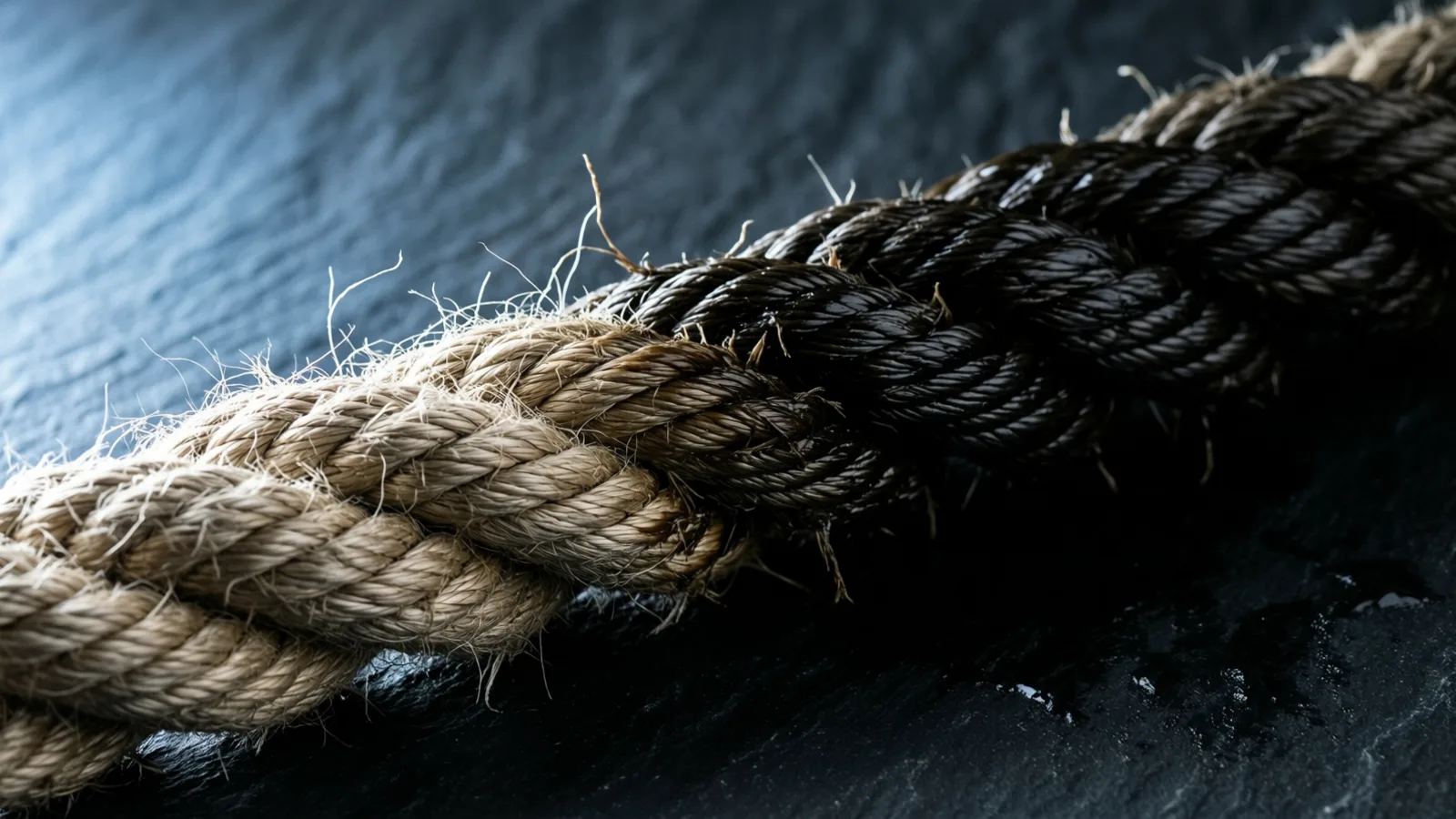 Several strands of natural fiber rope, one light beige and one dark black, lie twisted together on a dark textured surface, light highlighting the top edges and frayed fibers.