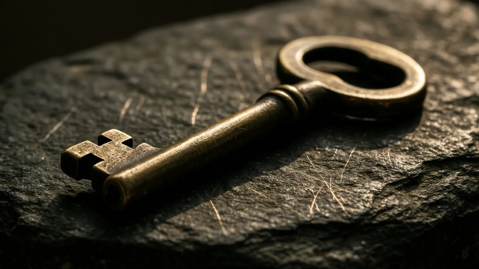 A single worn brass key rests on rough dark stone, its scratched surface catching one thin band of warm light.