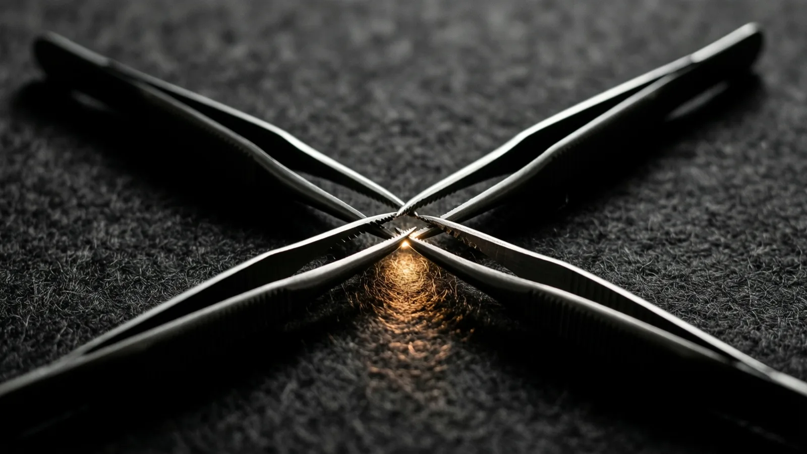 Dos pinzas de acero se cruzan formando una X sobre fieltro oscuro, y una luz cálida incide en sus puntas finas superpuestas.